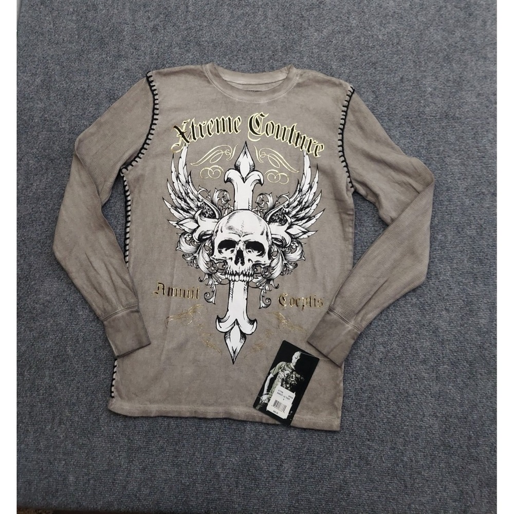 Affliction Xtreme Couture Shirt Men Small‎ Brown Thermal Long Sleeve Skull Cross